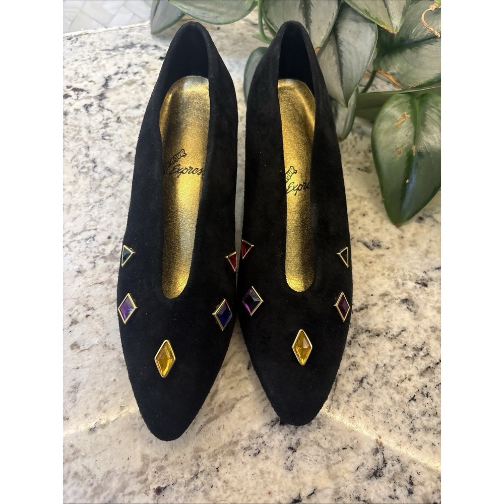 VTG NOS 80's Rush Hour Suede Black Heels Colorful Rhinestones Valley Girl 6B